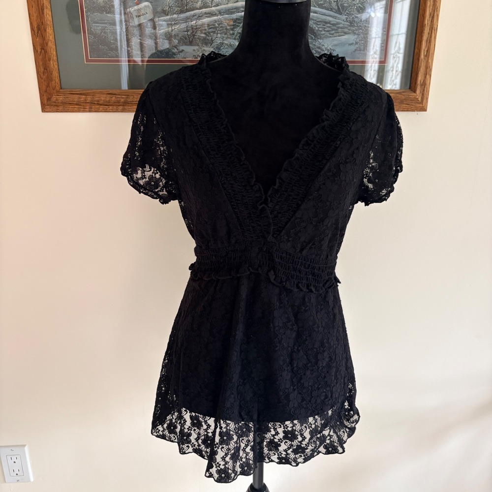 Trixxi Lace Top Womens XL Black Smocked Empire Waist V-Neck Short Sleeve Blouse